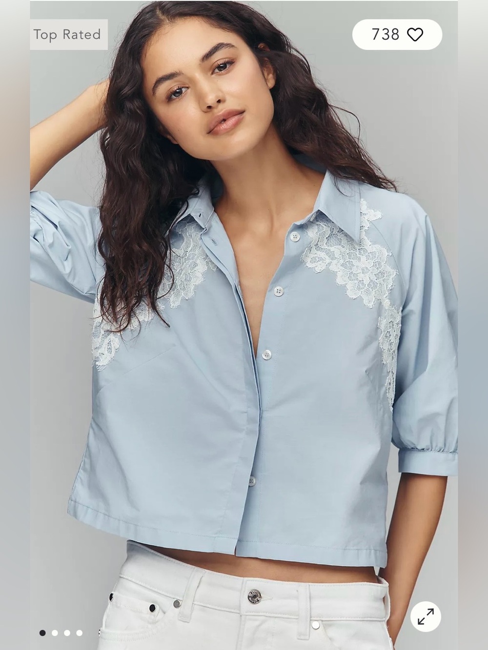 Maeve/Anthropologie Lace Half-Sleeve Crop Buttondown Shirt in Blue Size S. NWT